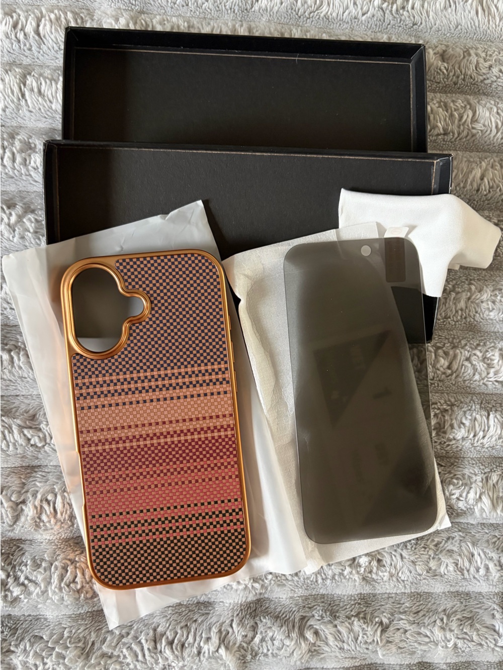 iPhone 17 Protective Phone Case- Red Plaid with Copper Trim and screen protector